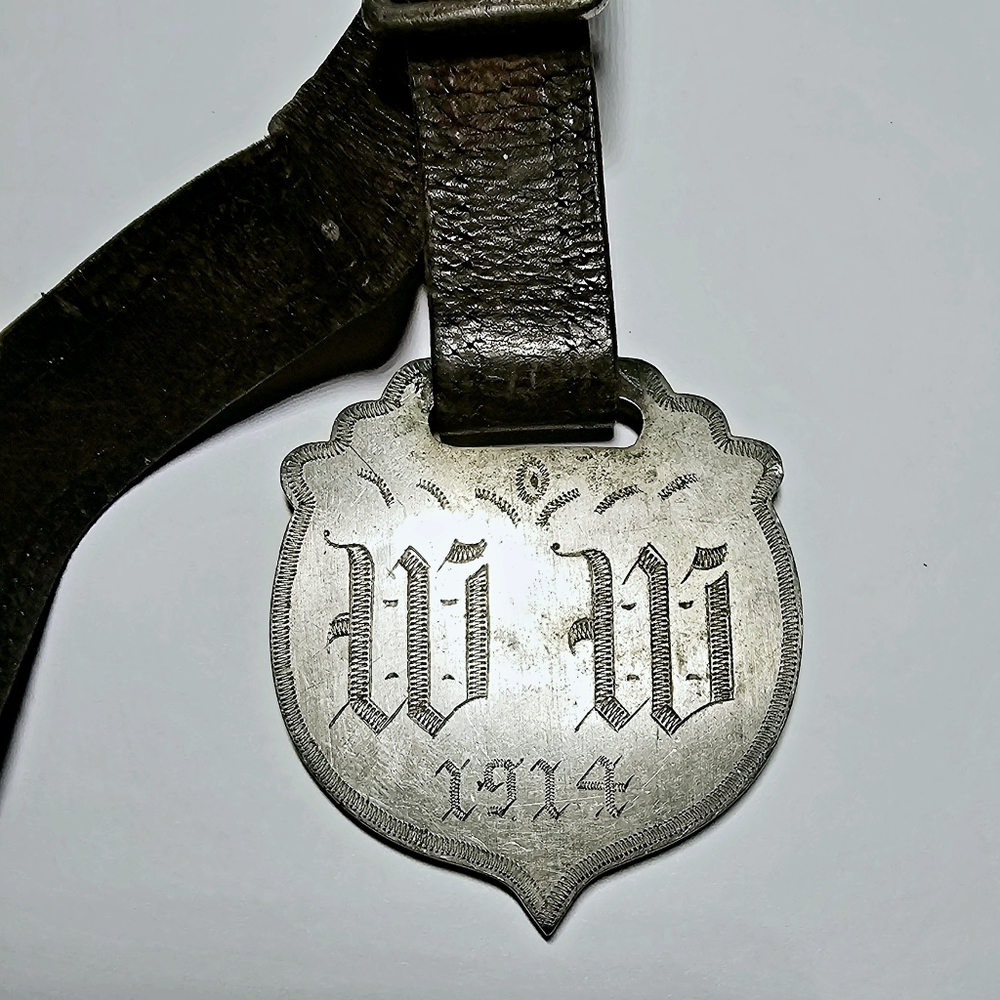 Antique rare sterling silver World War 1 1914 crest medallion and leather fob